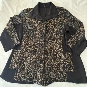 IC Collection By Connie K XXL Black Gold Blue Rose Full Zip Jacket Artsy Boho